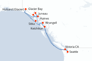 Carte itinéraire croisière États-Unis, Canada - 11 jours au départ de Seattle - Alaska