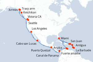 carte itinéraire croisière Caraïbes Bahamas 40 jours au départ du port de Seattle