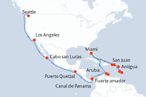 carte itinéraire croisière Caraïbes Bahamas 33 jours au départ du port de Seattle