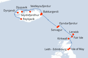 Carte de l'itinéraire de croisière Leith - Edimbourg-Reykjavik d'une durée de 12 jours