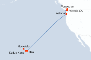 Carte de l'itinéraire de croisière Vancouver-Honolulu d'une durée de 12 jours