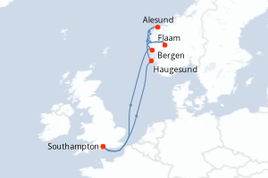 carte itinéraire croisière Fjörds norvégiens 7 jours au départ du port de Southampton
