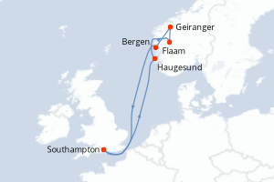 Carte de l'itinéraire de croisière Southampton-Southampton d'une durée de 7 jours