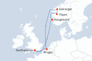 carte itinéraire croisière Fjörds norvégiens 7 jours au départ du port de Southampton