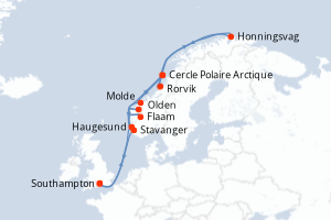 carte itinéraire croisière Fjörds norvégiens 12 jours au départ du port de Southampton