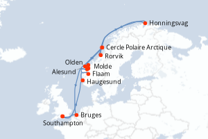 Carte de l'itinéraire de croisière Southampton-Southampton d'une durée de 14 jours