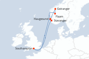 Carte de l'itinéraire de croisière Southampton-Southampton d'une durée de 7 jours
