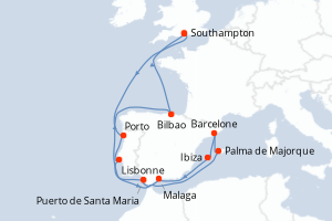 carte itinéraire croisière Europe du Nord 14 jours au départ du port de Southampton