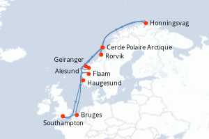 Carte de l'itinéraire de croisière Southampton-Southampton d'une durée de 12 jours