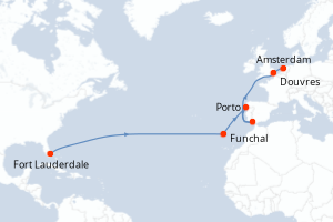 carte itinéraire croisière Transatlantique 14 jours au départ du port de Fort Lauderdale