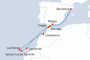 Carte de l'itinéraire de croisière Barcelone-Barcelone d'une durée de 12 jours