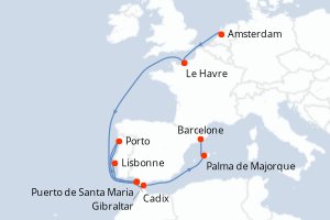 Carte de l'itinéraire de croisière Amsterdam-Barcelone d'une durée de 12 jours