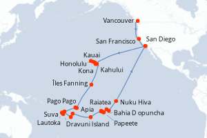 Carte de l'itinéraire de croisière Vancouver-San Diego d'une durée de 56 jours
