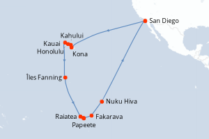 Carte de l'itinéraire de croisière San Diego-San Diego d'une durée de 35 jours