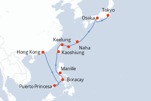 carte itinéraire croisière Asie 14 jours au départ du port de Hong Kong