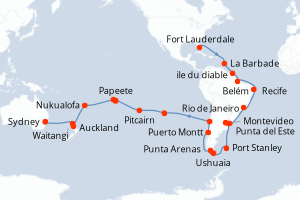 carte itinéraire croisière Australie Nouvelle Zélande 61 jours au départ du port de Fort Lauderdale