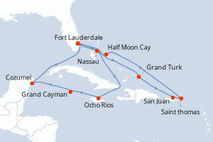 carte itinéraire croisière Caraïbes Bahamas 14 jours au départ du port de Fort Lauderdale