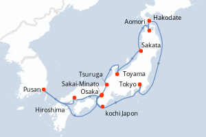 carte itinéraire croisière Asie 14 jours au départ du port de Tokyo