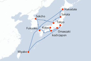carte itinéraire croisière Asie 13 jours au départ du port de Tokyo