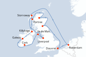 Carte de l'itinéraire de croisière Douvres-Douvres d'une durée de 14 jours