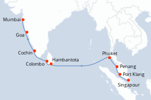 Carte de l'itinéraire de croisière Singapour-Cochin d'une durée de 14 jours