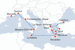 carte itinéraire croisière Sicile 14 jours au départ du port de Marseille