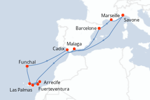 carte itinéraire croisière Méditerranée 14 jours au départ du port de Barcelone
