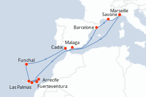carte itinéraire croisière Méditerranée 14 jours au départ du port de Savone