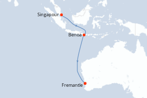 Carte de l'itinéraire de croisière Singapour-Fremantle d'une durée de 9 jours