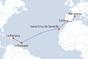 carte itinéraire croisière Transatlantique 13 jours au départ du port de Barcelone