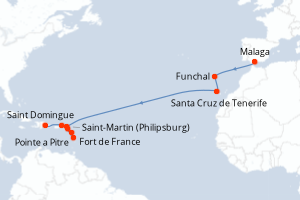 carte itinéraire croisière Transatlantique 15 jours au départ du port de Malaga