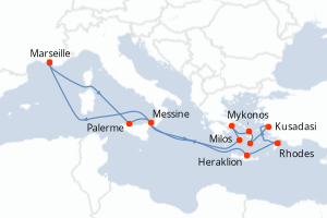 carte itinéraire croisière Sicile 14 jours au départ du port de Marseille