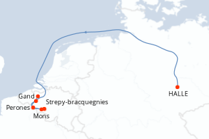 Carte de l'itinéraire de croisière Halle-Gand d'une durée de 6 jours