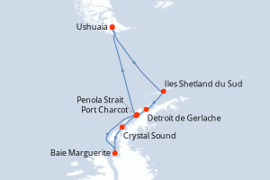 Carte de l'itinéraire de croisière Ushuaia-Ushuaia d'une durée de 15 jours