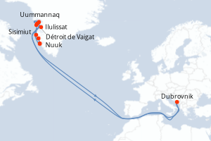Carte de l'itinéraire de croisière Nuuk-Nuuk d'une durée de 12 jours