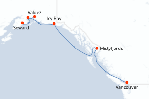 Carte de l'itinéraire de croisière Vancouver-Vancouver d'une durée de 9 jours
