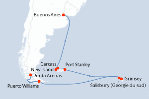 Carte de l'itinéraire de croisière Buenos Aires-Punta Arenas d'une durée de 22 jours