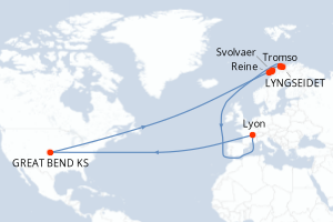 Carte de l'itinéraire de croisière Tromso-Tromso d'une durée de 7 jours