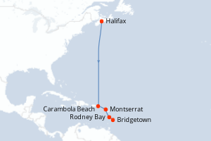 Carte de l'itinéraire de croisière Halifax-Bridgetown d'une durée de 8 jours