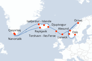carte itinéraire croisière Fjörds norvégiens 14 jours au départ du port de Reykjavik