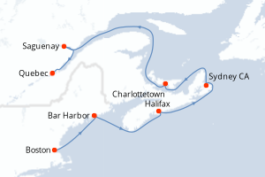 Carte de l'itinéraire de croisière Boston-Quebec d'une durée de 7 jours