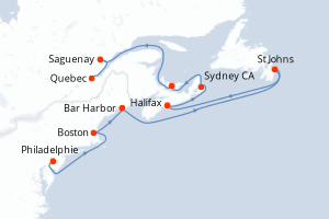 Carte de l'itinéraire de croisière Philadelphie-Quebec d'une durée de 11 jours