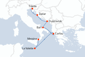 Carte de l'itinéraire de croisière Trieste-Messine d'une durée de 7 jours