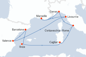 carte itinéraire croisière Sardaigne 10 jours au départ du port de Barcelone
