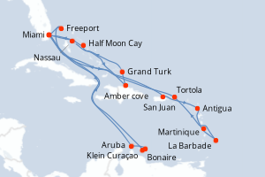 carte itinéraire croisière Caraïbes Bahamas 28 jours au départ du port de Miami