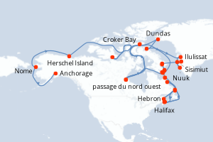 Carte itinéraire croisière États-Unis, Canada, Gröenland - 37 jours au départ de Anchorage - Canada Bermudes
