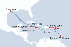 carte itinéraire croisière Caraïbes Mexique 17 jours au départ du port de Galveston