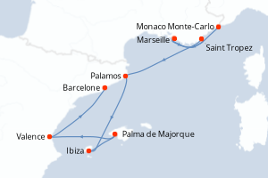 Carte de l'itinéraire de croisière Monaco Monte-Carlo-Barcelone d'une durée de 9 jours