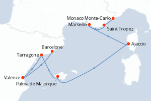 Carte de l'itinéraire de croisière Monaco Monte-Carlo-Barcelone d'une durée de 9 jours