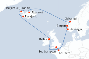 carte itinéraire croisière Fjörds norvégiens 14 jours au départ du port de Southampton